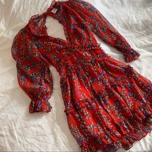 Laney Cutout Back Ruffle Trim Dress - Red Floral
